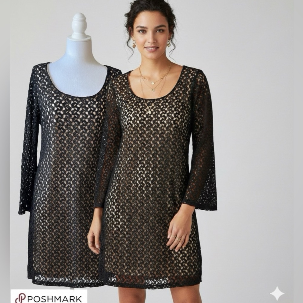 Design Lab Black Boho Retro Crochet Mini Dress with Bell Sleeves (L)